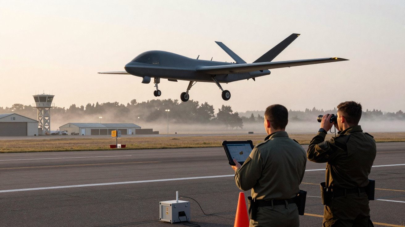 Dois militares observam de pista o pouso de um drone de vigilância ao amanhecer em base aérea.