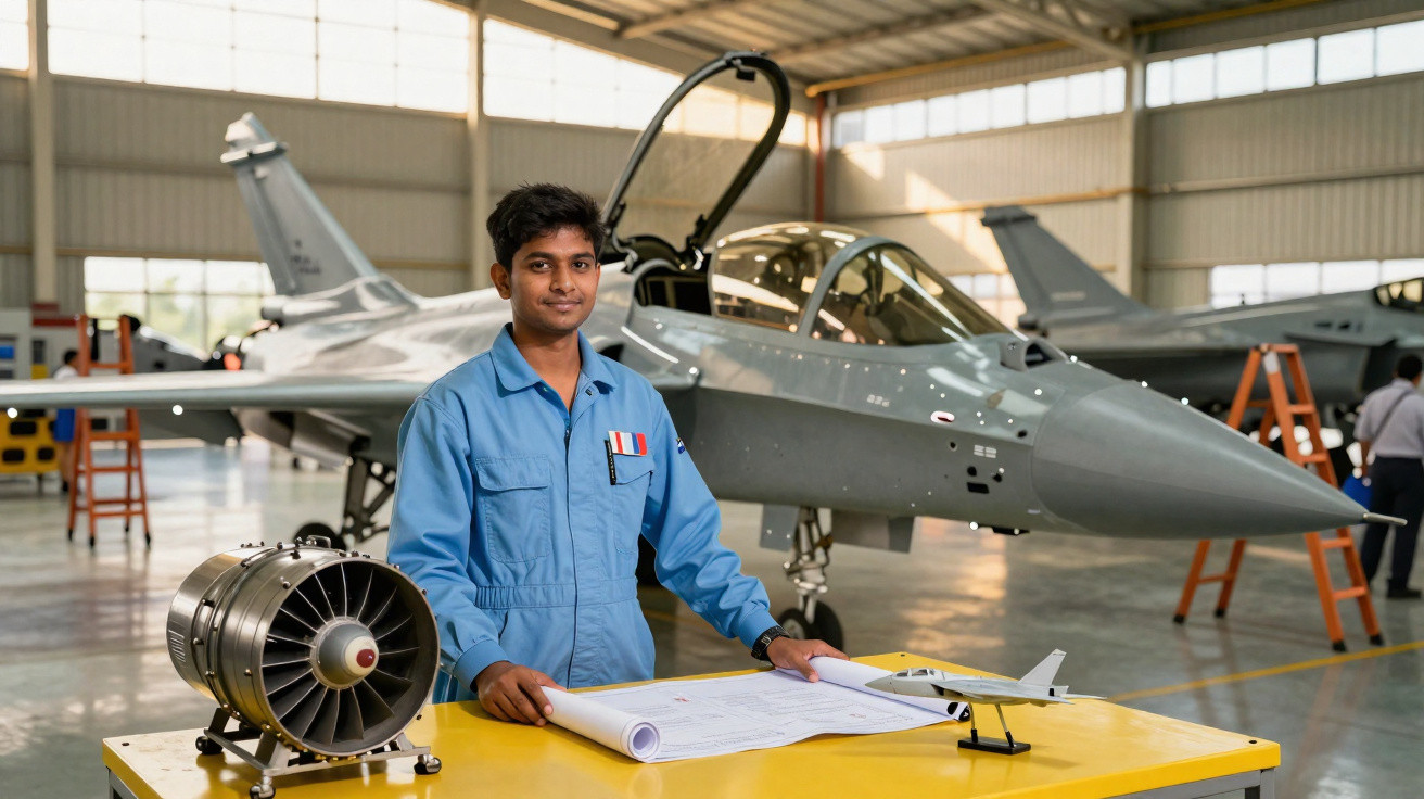 Homem em macacão azul em hangar com planta de avião e motor a jato, com caça militar atrás.