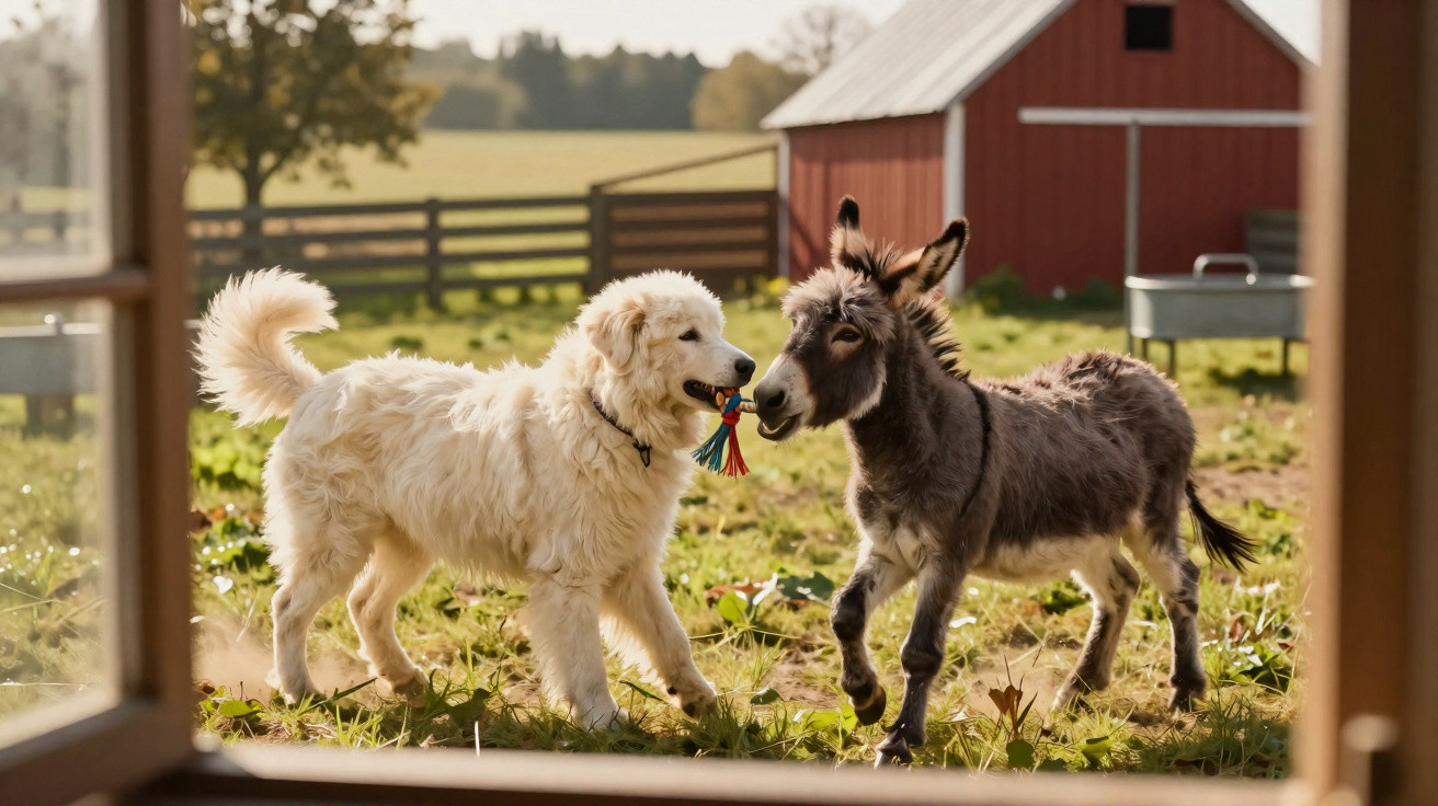 Cão branco e burro brincam juntos no campo com uma casinha vermelha ao fundo em dia ensolarado.