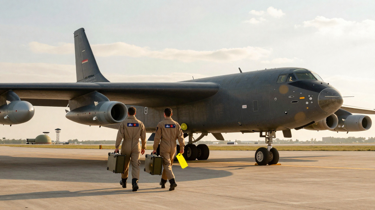 Dois tripulantes militares caminhando em direção a um avião militar estacionado em pista de aeroporto.