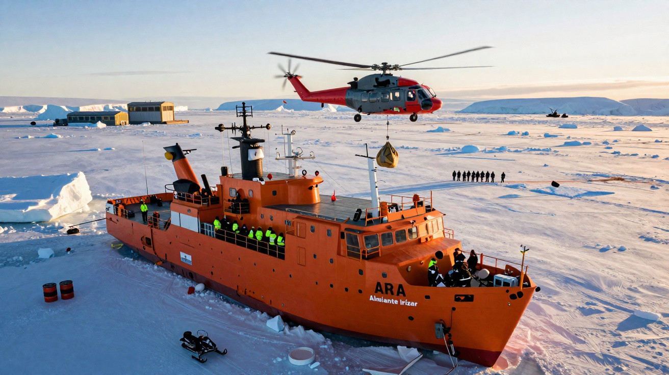 Navio quebra-gelo laranja ARA Almirante Irízar cercado por gelo com helicóptero vermelho pairando acima, pessoas próximas.