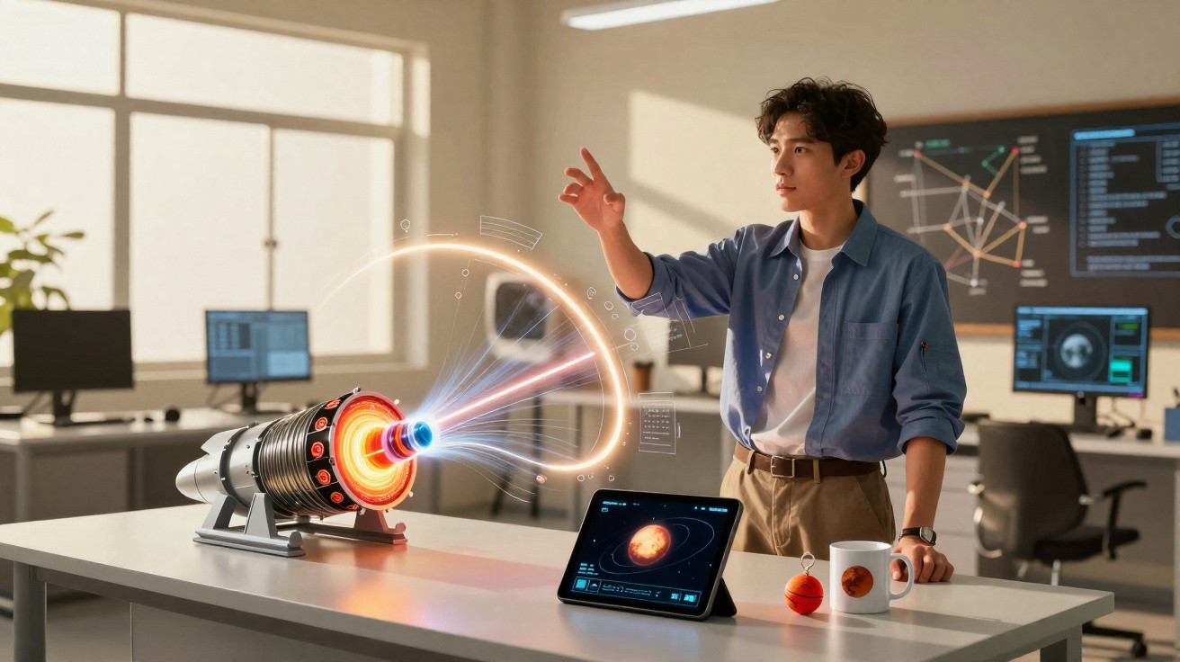 Jovem interage com holograma de dispositivo científico em laboratório moderno com telas digitais.