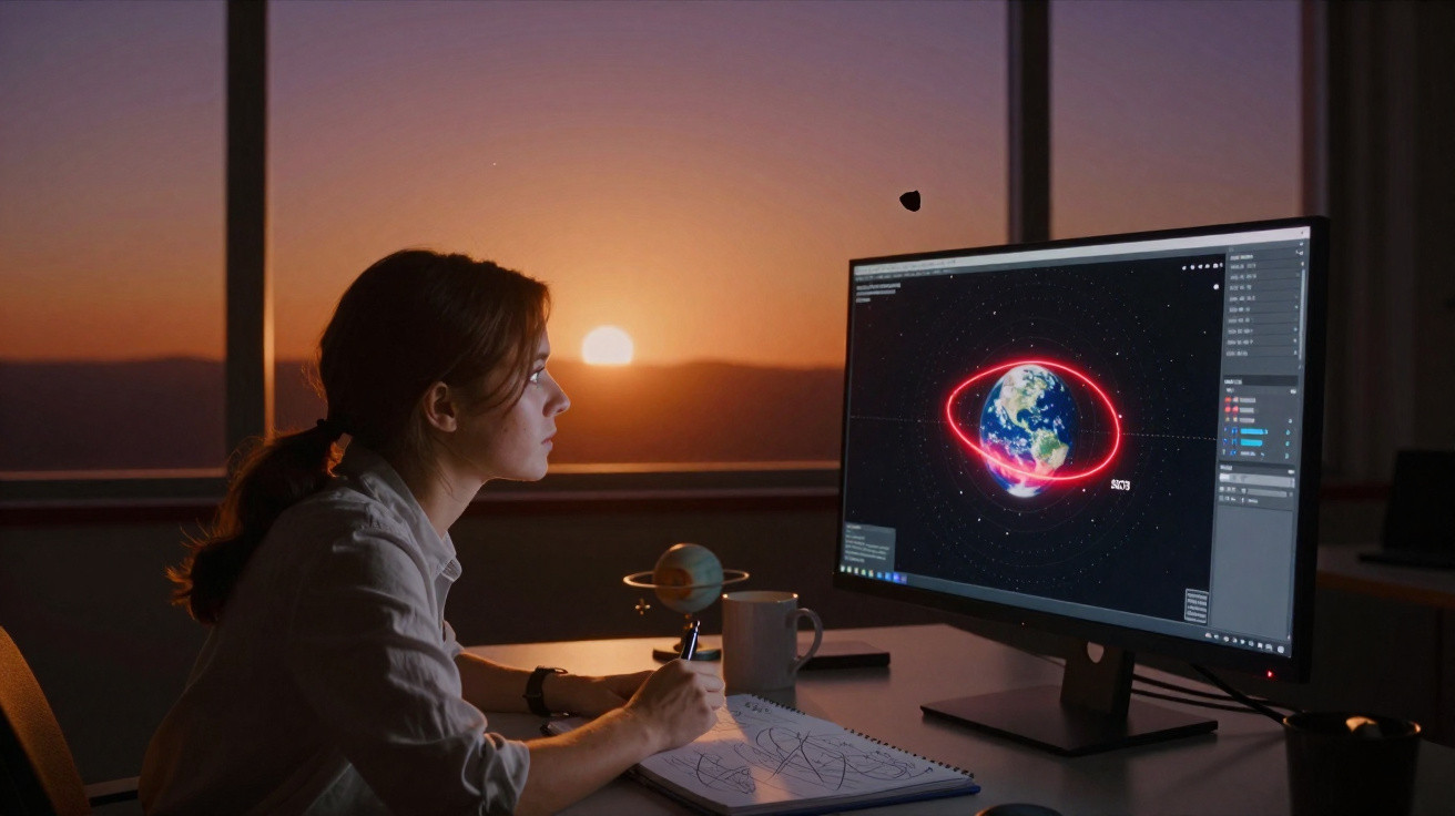 Mulher estudando o sistema solar em computador com pôr do sol ao fundo, sentada em mesa com caderno e caneca.