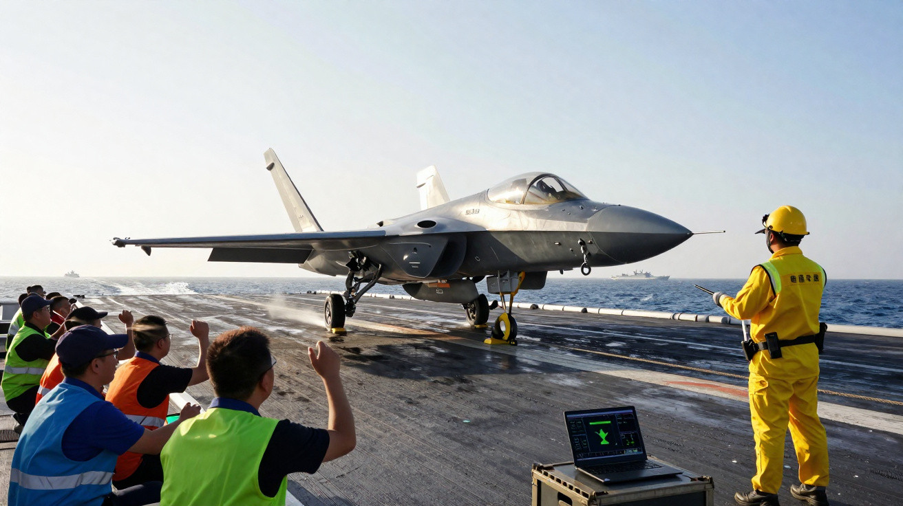 Caça furtivo chinês J-31 pousa em porta-aviões com equipe de solo coordenando operação no mar.