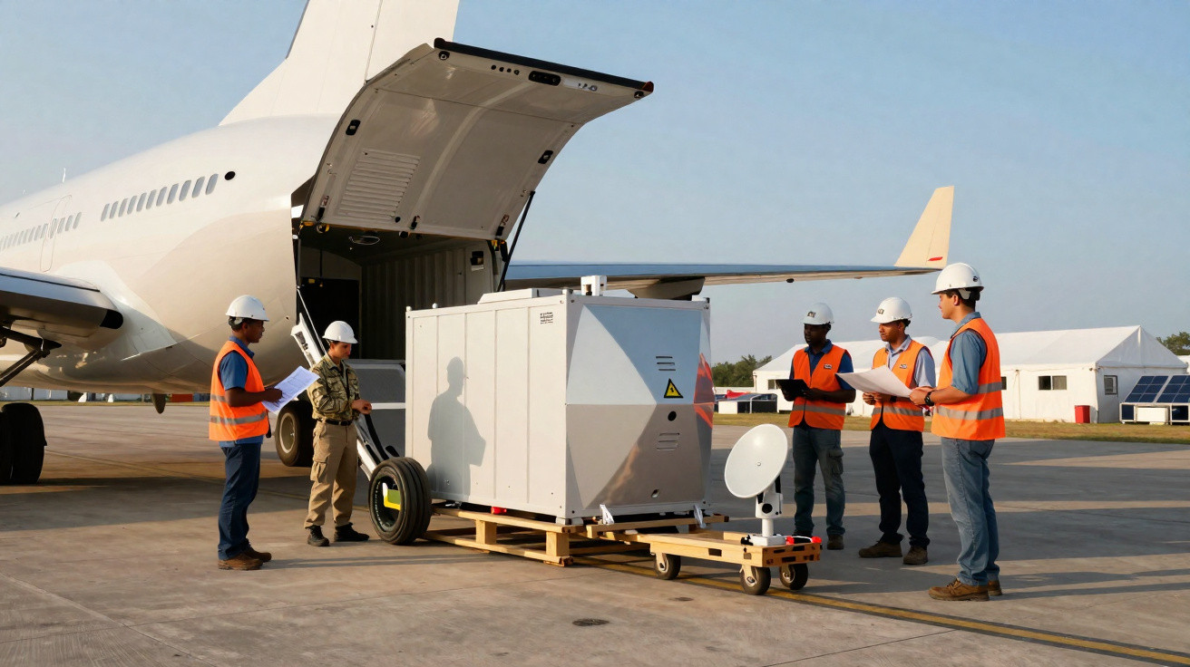 Equipe de trabalhadores com coletes e capacetes ao lado de equipamento sendo carregado em avião em pista.