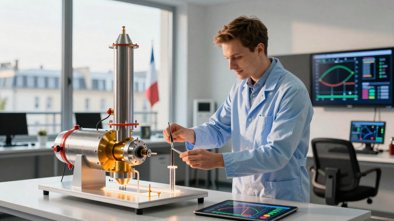 Cientista em laboratório manipulando equipamento de física com telas digitais ao fundo.