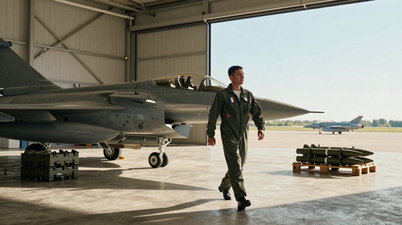 Piloto militar caminhando próximo a caça armado dentro de hangar aberto em base aérea.