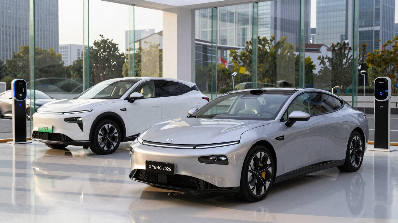 Dois carros elétricos modernos, um branco e um prata, estacionados em showroom com estações de carregamento.