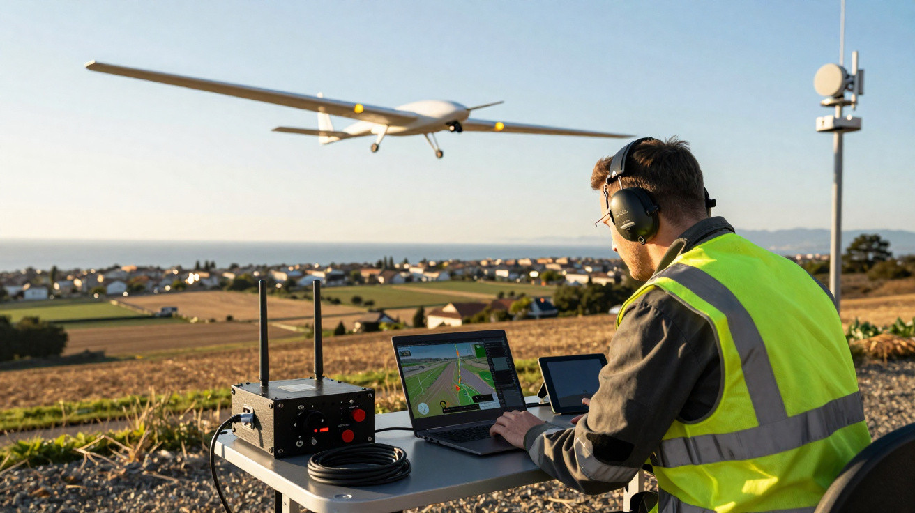 Homem com colete amarelo pilota drone agrícola com notebook em campo aberto com fazendas ao fundo.