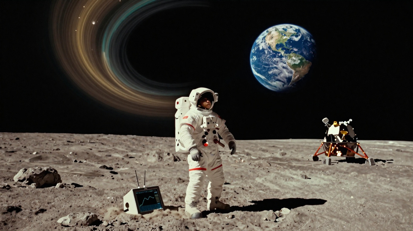 Astronauta na superfície lunar com Terra visível ao fundo e módulo lunar estacionado.