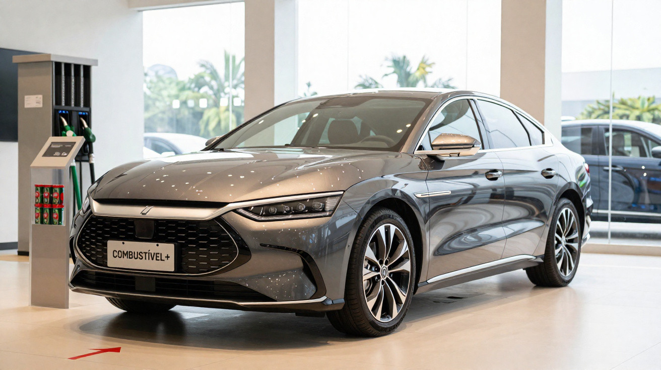 Carro cinza moderno exposto em concessionária com placa escrita "COMBUSTÍVEL+" e tanque de combustível ao lado.