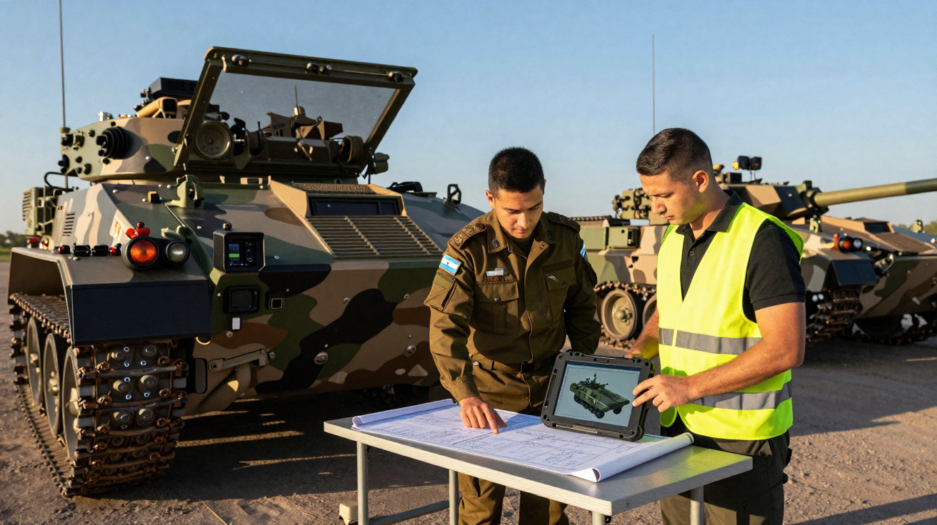 Dois homens analisam plantas e imagem de tanque digitalmente ao lado de veículos militares blindados.