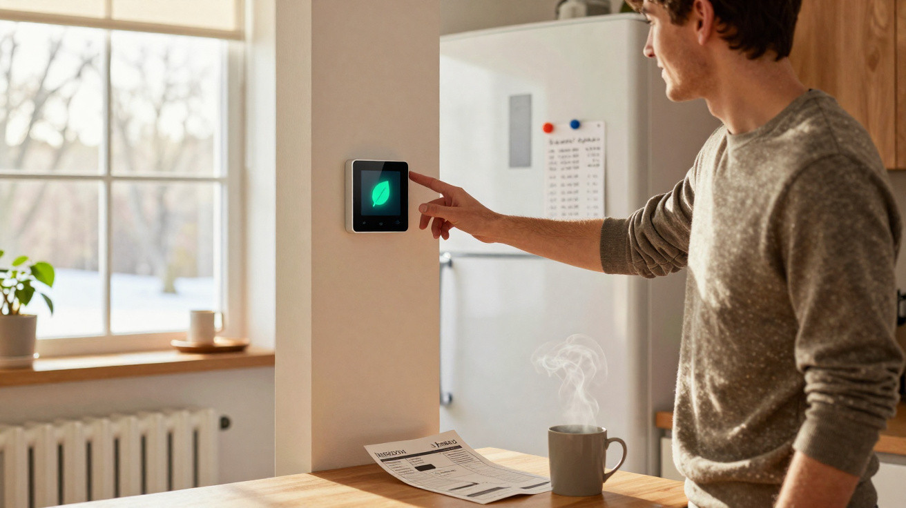 Homem ajustando termostato digital em cozinha iluminada com xícara quente e jornal na mesa.