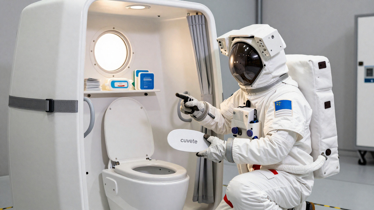 Astronauta de jaleco espacial aponta para vaso sanitário em ambiente simulado de nave espacial.