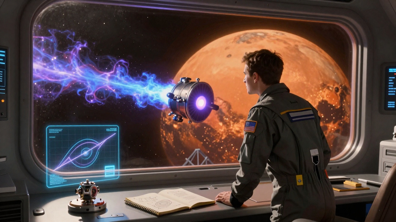 Astronauta observa planeta vermelho através de janela com tecnologia e dispositivo futurista emitindo luz azul.