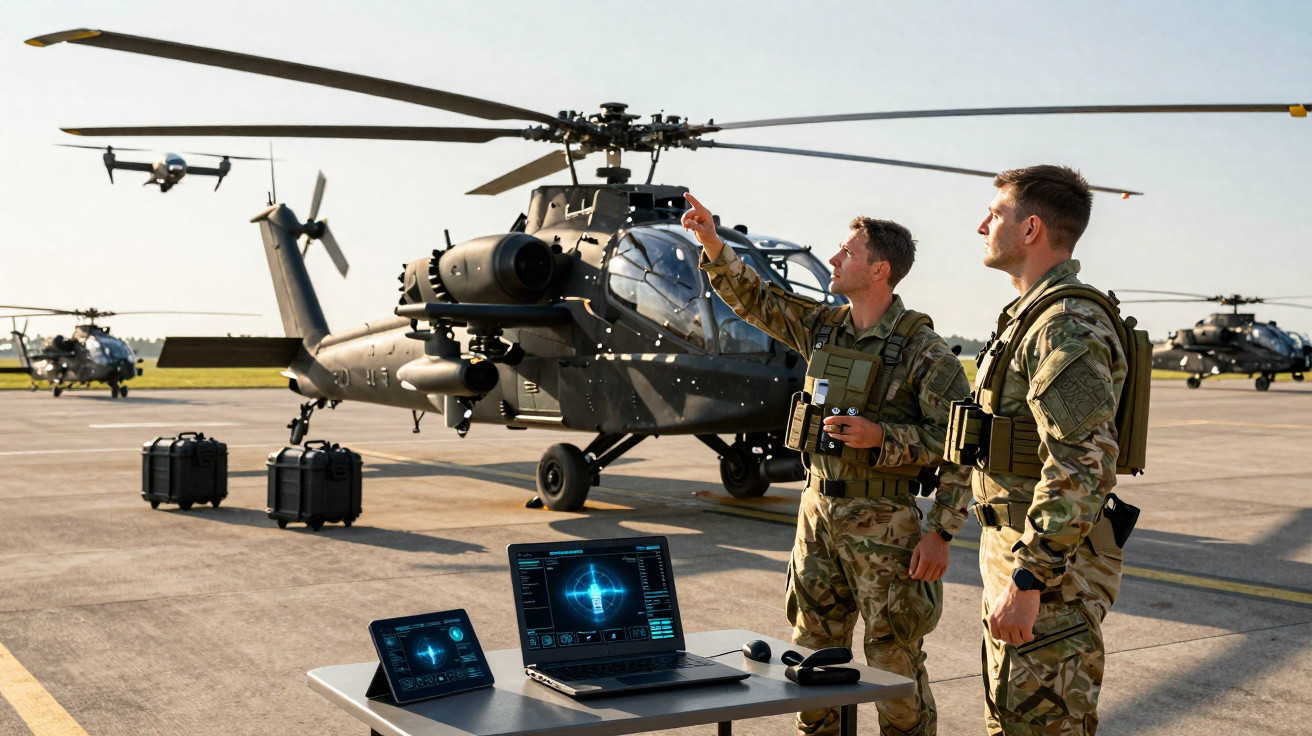 Dois soldados em uniforme tático inspecionam helicóptero militar próximo a equipamentos eletrônicos em base aérea.