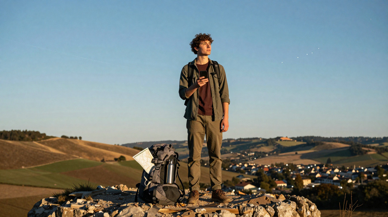 Jovem com mochila e mapa observa o horizonte em área montanhosa com vilarejo ao fundo ao entardecer.