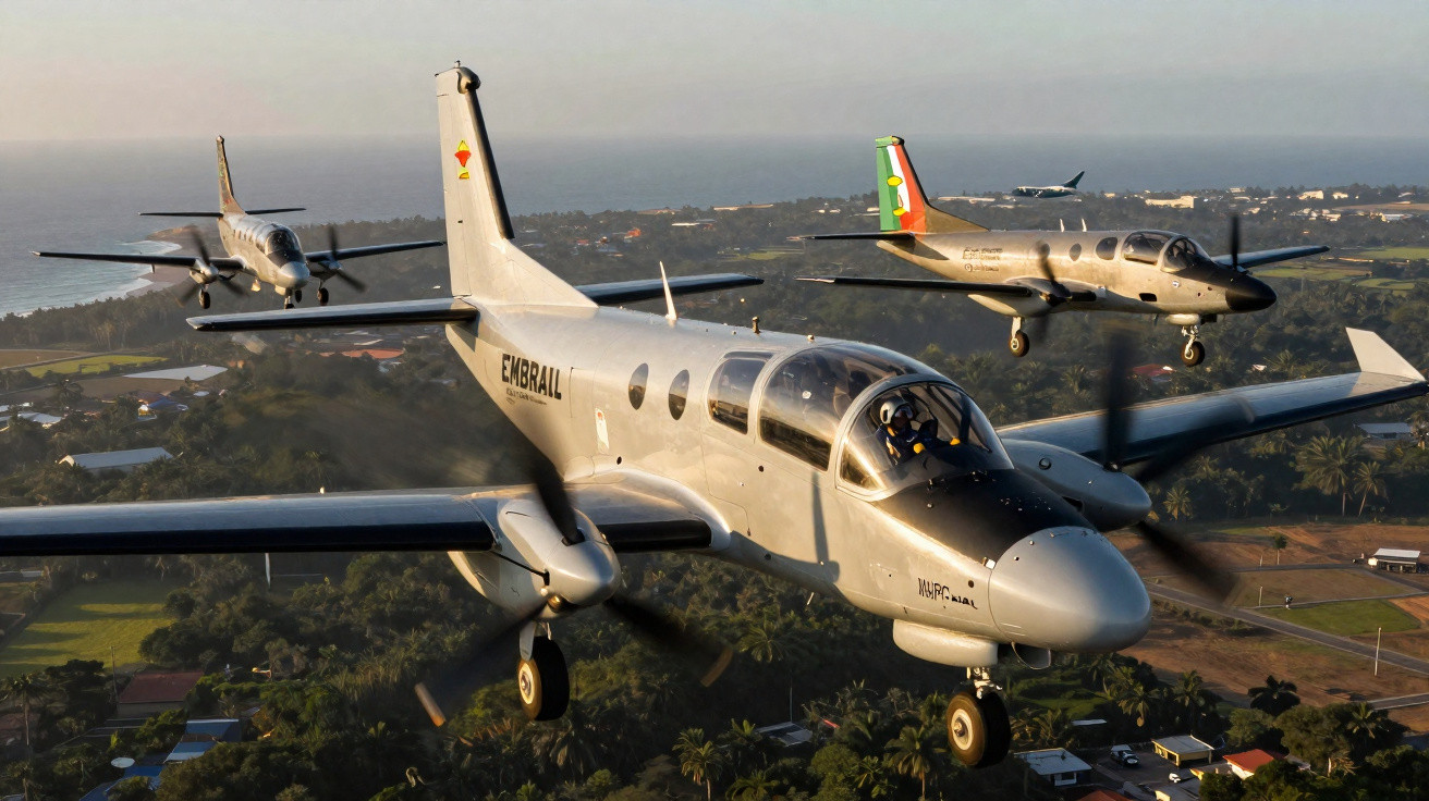 Dois aviões de treinamento Embraer voando sobre área verde e casas ao entardecer.
