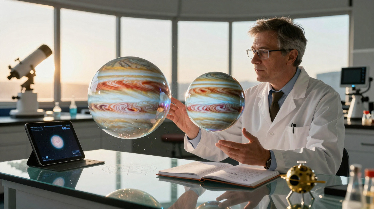 Cientista em laboratório interagindo com hologramas de planetas enquanto estuda com livro e equipamentos ao redor.