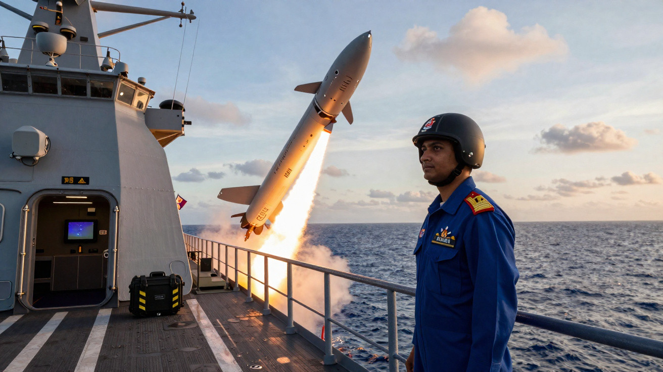 Militar a bordo de navio observa míssil sendo lançado sobre o mar ao pôr do sol.