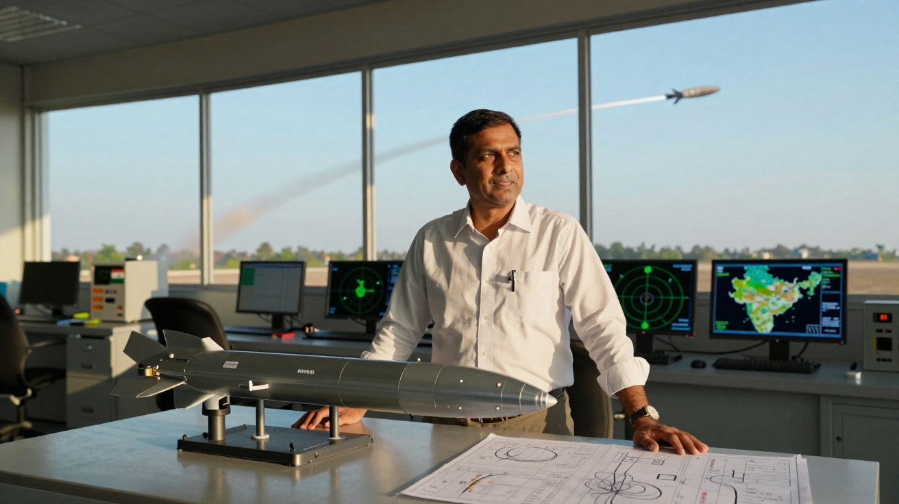 Homem em sala de controle observa lançamento de míssil, com maquete e telas de radar ao fundo.