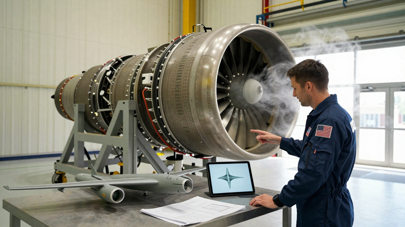 Engenheiro em macacão azul inspeciona motor a jato grande com fumaça em oficina industrial.