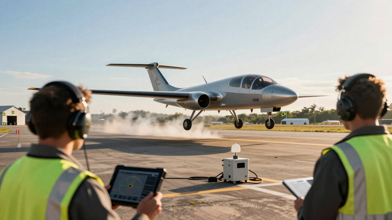 Avião de pequeno porte pousando com dois técnicos em fones de ouvido e coletes refletivos no aeroporto.
