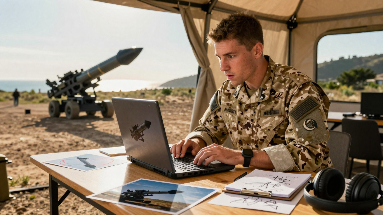 Militar em uniforme camuflado operando laptop sob barraca, com míssil grande ao fundo em área desértica.