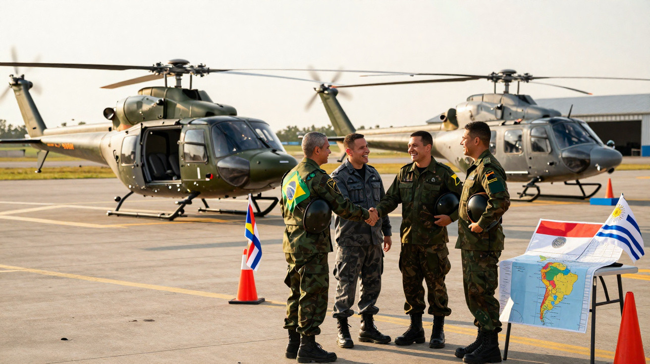 Quatro militares conversam em pista de helicópteros com mapas e bandeiras da América do Sul ao lado.