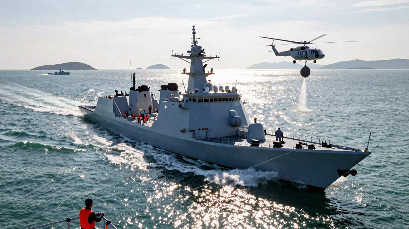 Navio de guerra cinza navegando com tripulação e helicóptero ao lado no mar em dia ensolarado.
