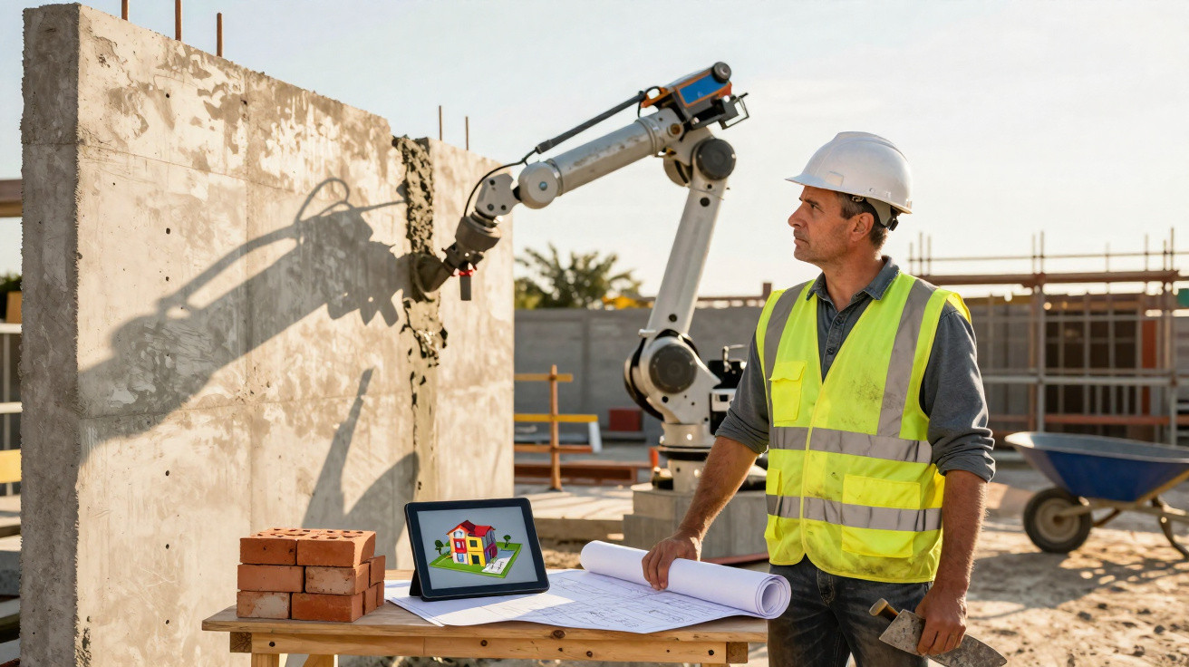 Engenheiro em capacete e colete observa robô construindo parede em canteiro de obras com planta e tijolos na mesa.