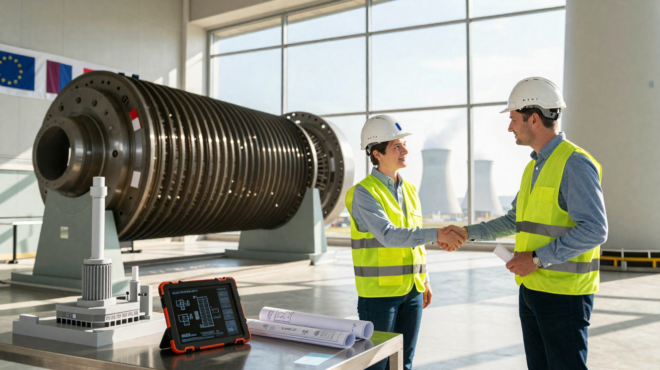 Dois engenheiros em coletes e capacetes apertam as mãos em sala industrial com maquete e equipamento grande.