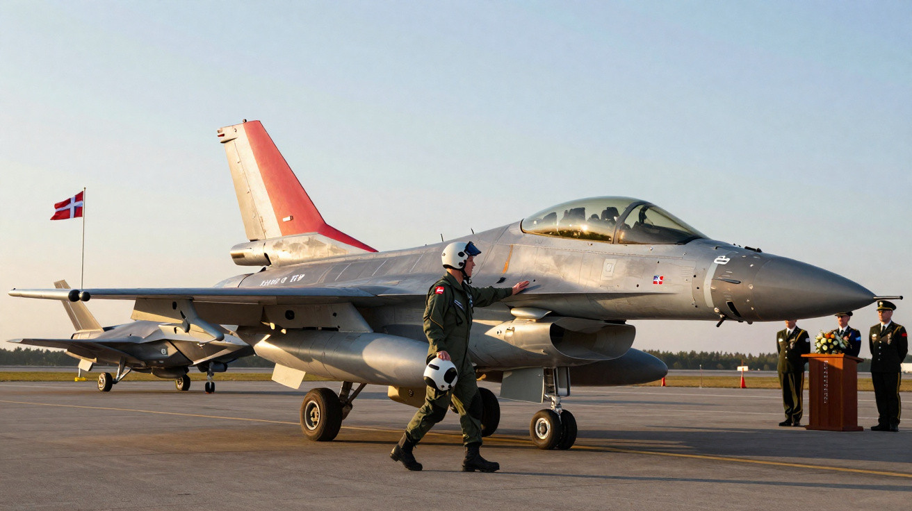 Avião de caça F-16 com piloto ao lado no solo em pista durante cerimônia ao ar livre.