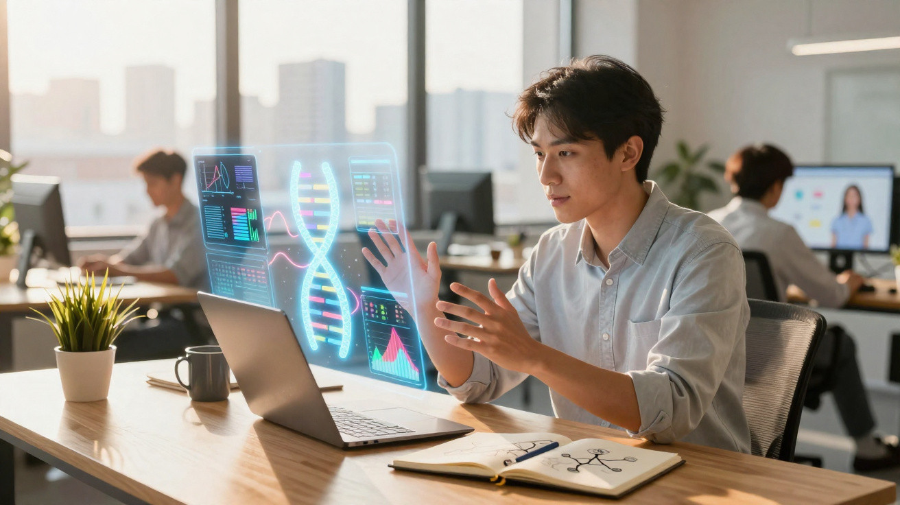 Homem em escritório interage com holograma digital de DNA e gráficos na frente de notebook.