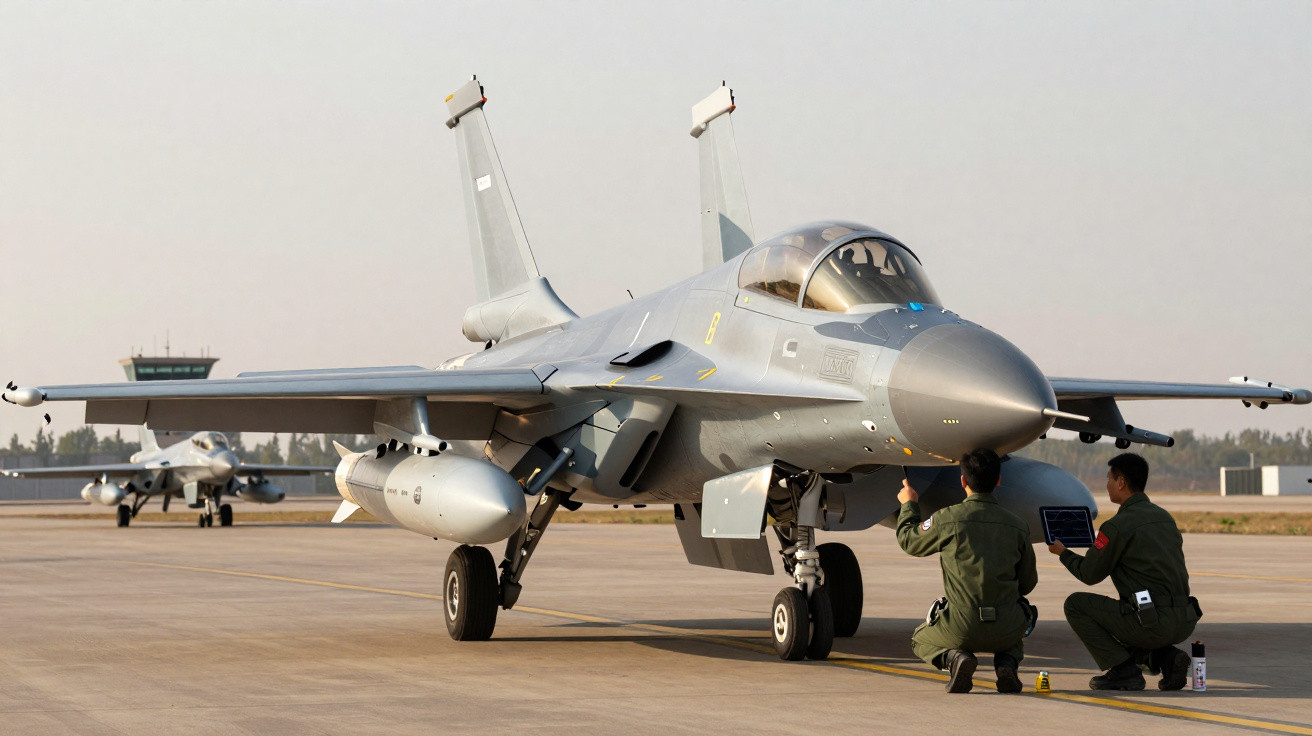 Avião de combate cinza estacionado em pista com dois militares agachados realizando manutenção.