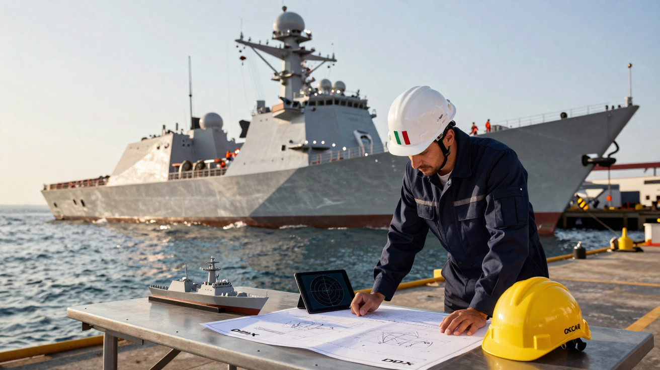 Engenheiro naval com capacete branco analisa planta com modelo de navio e navio real ao fundo no porto.
