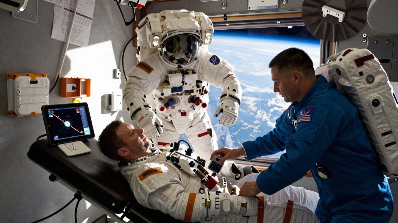 Astronautas dentro da estação espacial, um em traje completo flutuando, outro de azul e um deitado numa maca.
