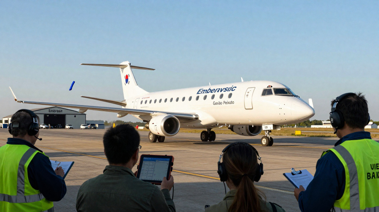Avião branco Embraer Embraervsic estacionado com quatro pessoas de costas usando coletes e fones em aeroporto.