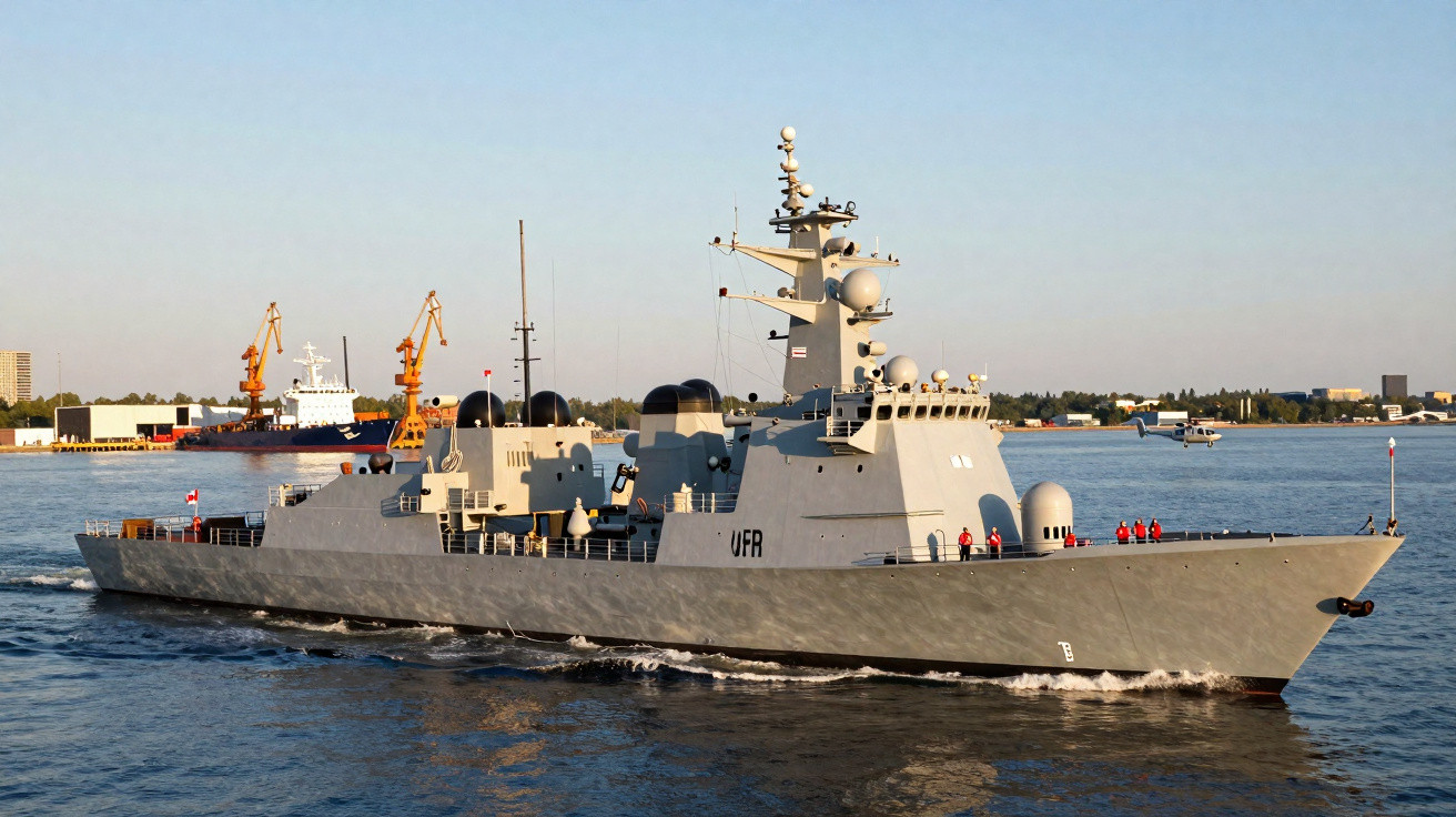 Navio de guerra cinza navegando em área portuária com guindastes ao fundo e pessoas no convés.