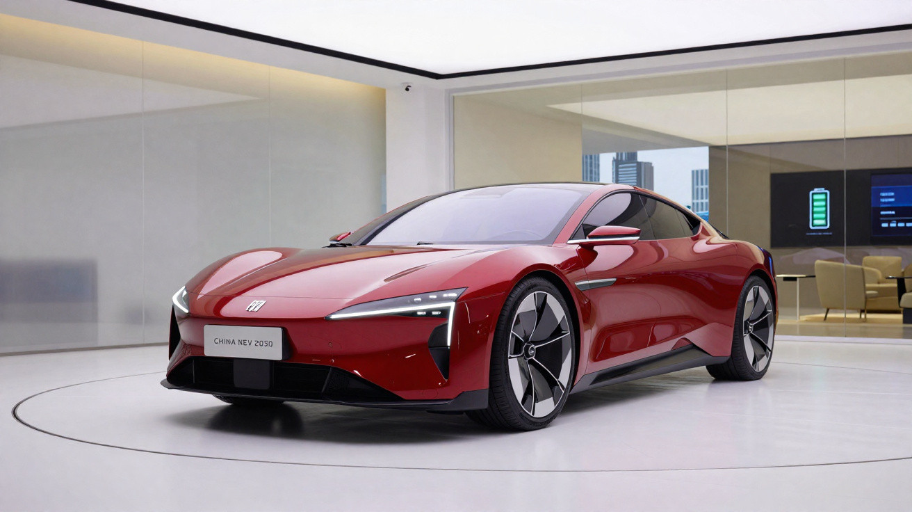 Carro esportivo elétrico vermelho futurista em exposição dentro de ambiente moderno e iluminado.