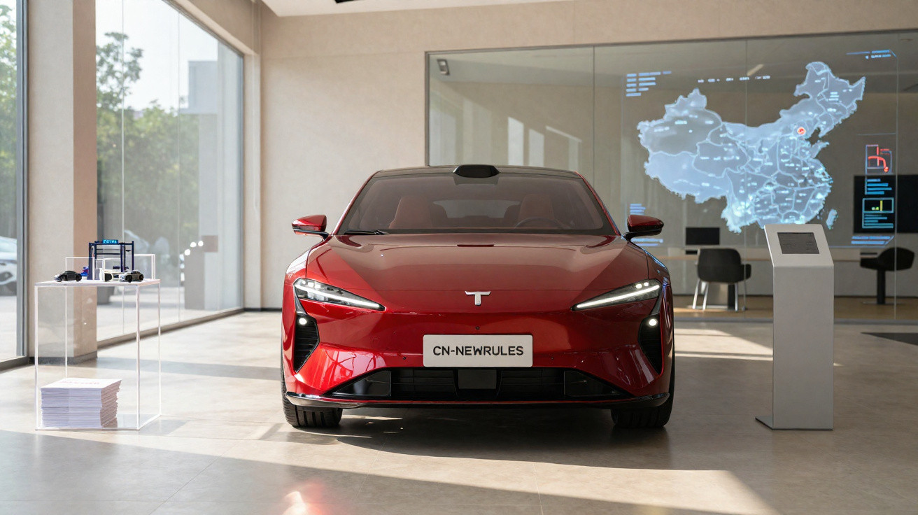 Carro elétrico vermelho em showroom moderno com mapa digital iluminado na parede ao fundo.
