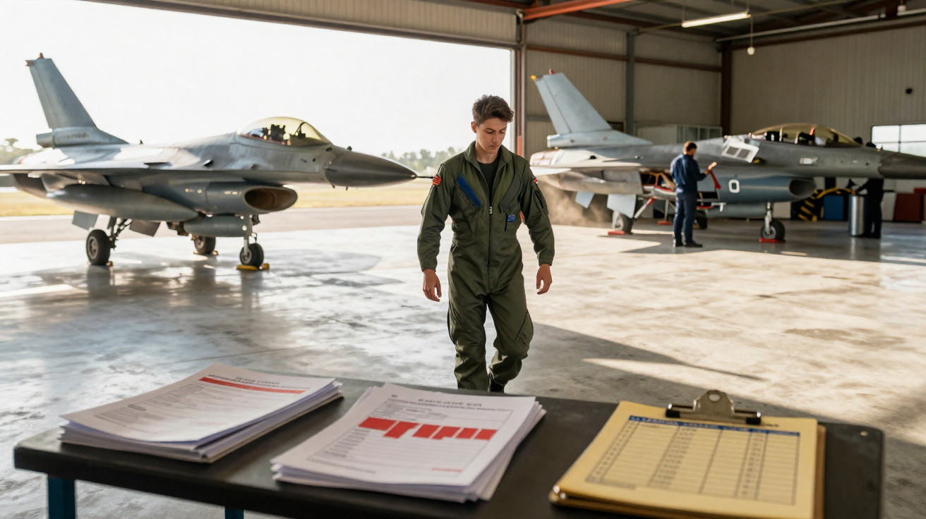 Piloto em macacão verde caminha em hangar com dois jatos militares e documentos sobre a mesa.