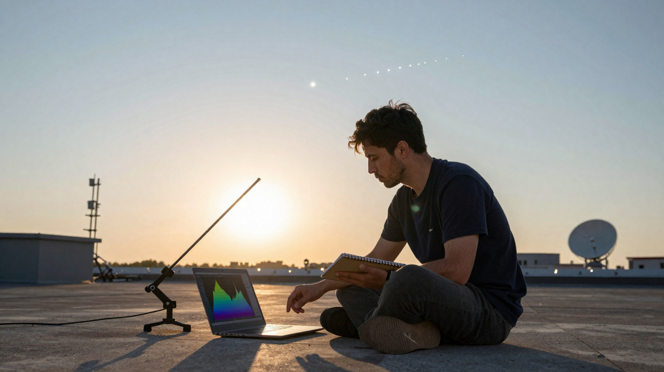 Homem sentado no telhado ao pôr do sol, trabalhando com laptop e segurando caderno.