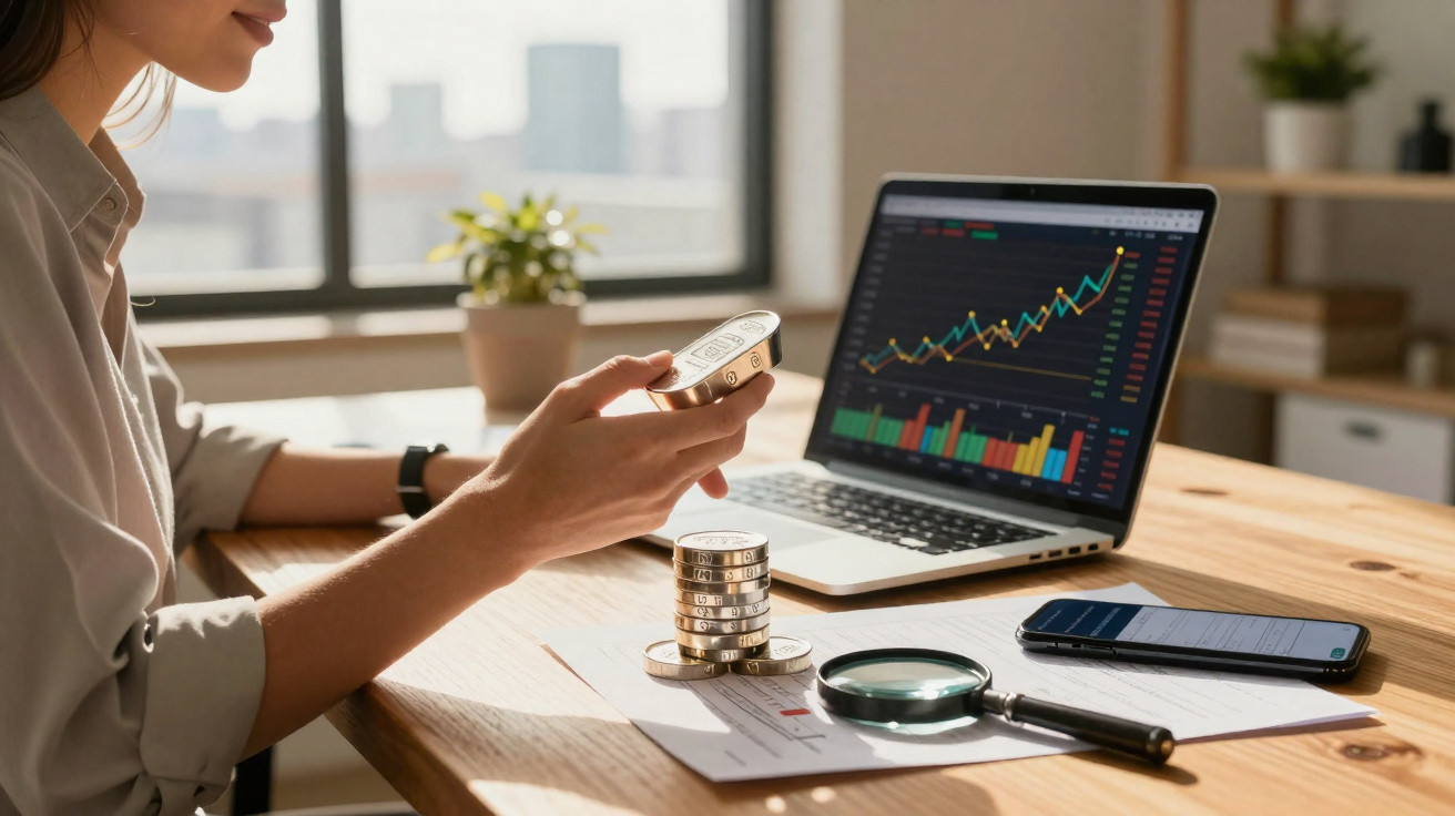 Pessoa segurando moedas, com gráfico financeiro no laptop, celular, lupa e pilha de moedas sobre mesa de madeira.