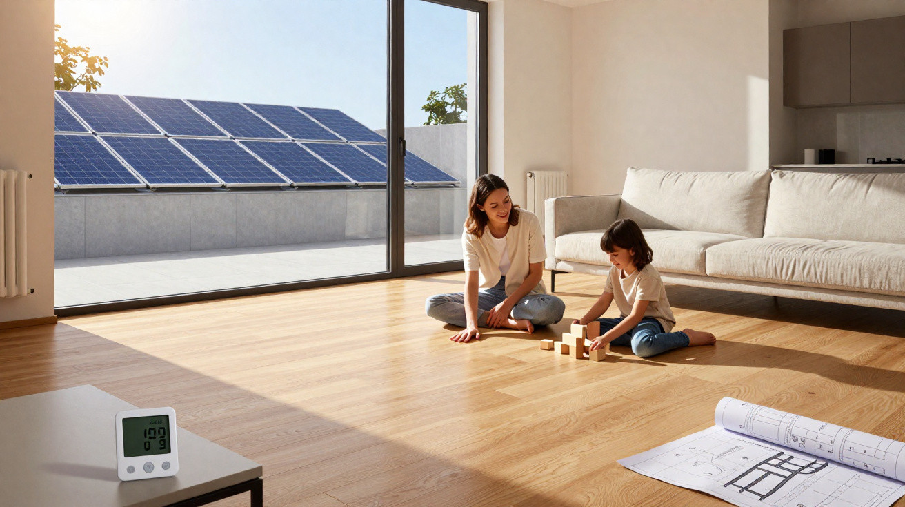 Mulher e criança brincam com blocos em sala com janela para painel solar e planta baixa no chão.
