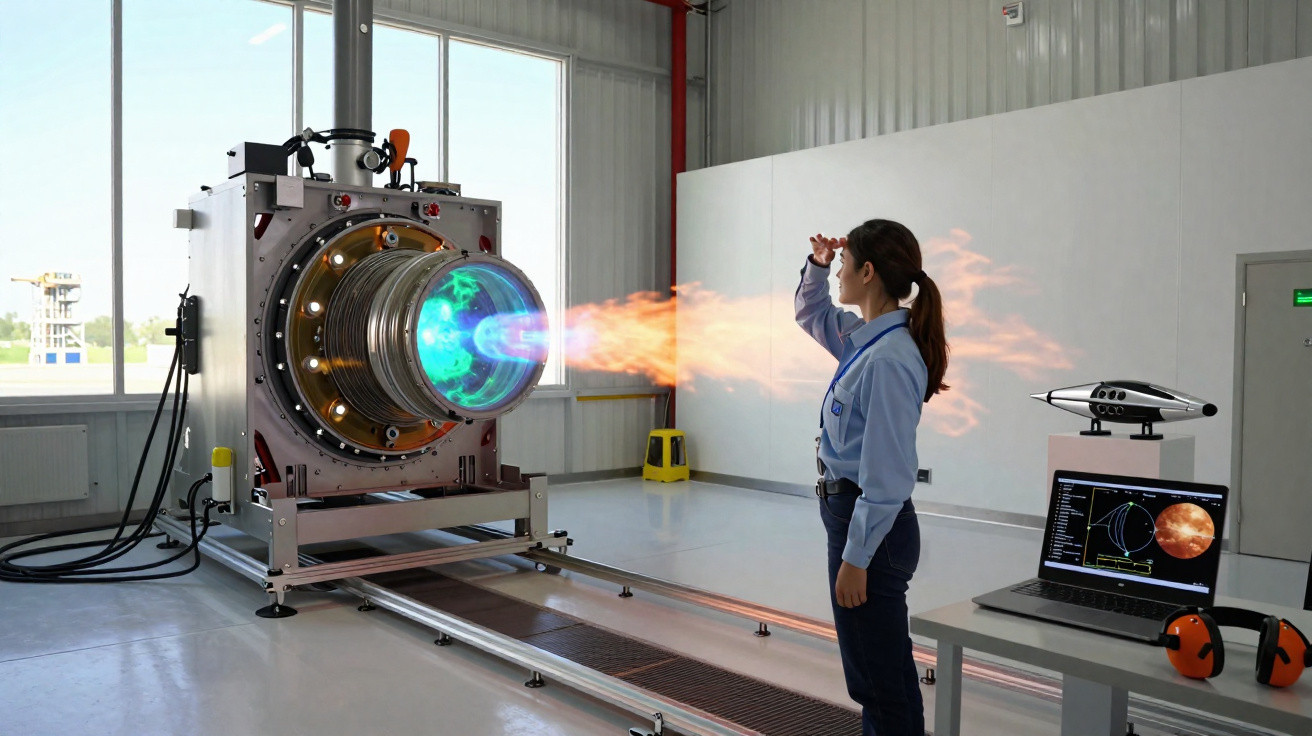 Mulher observa equipamento futurista com jato de plasma em laboratório tecnológico iluminado.