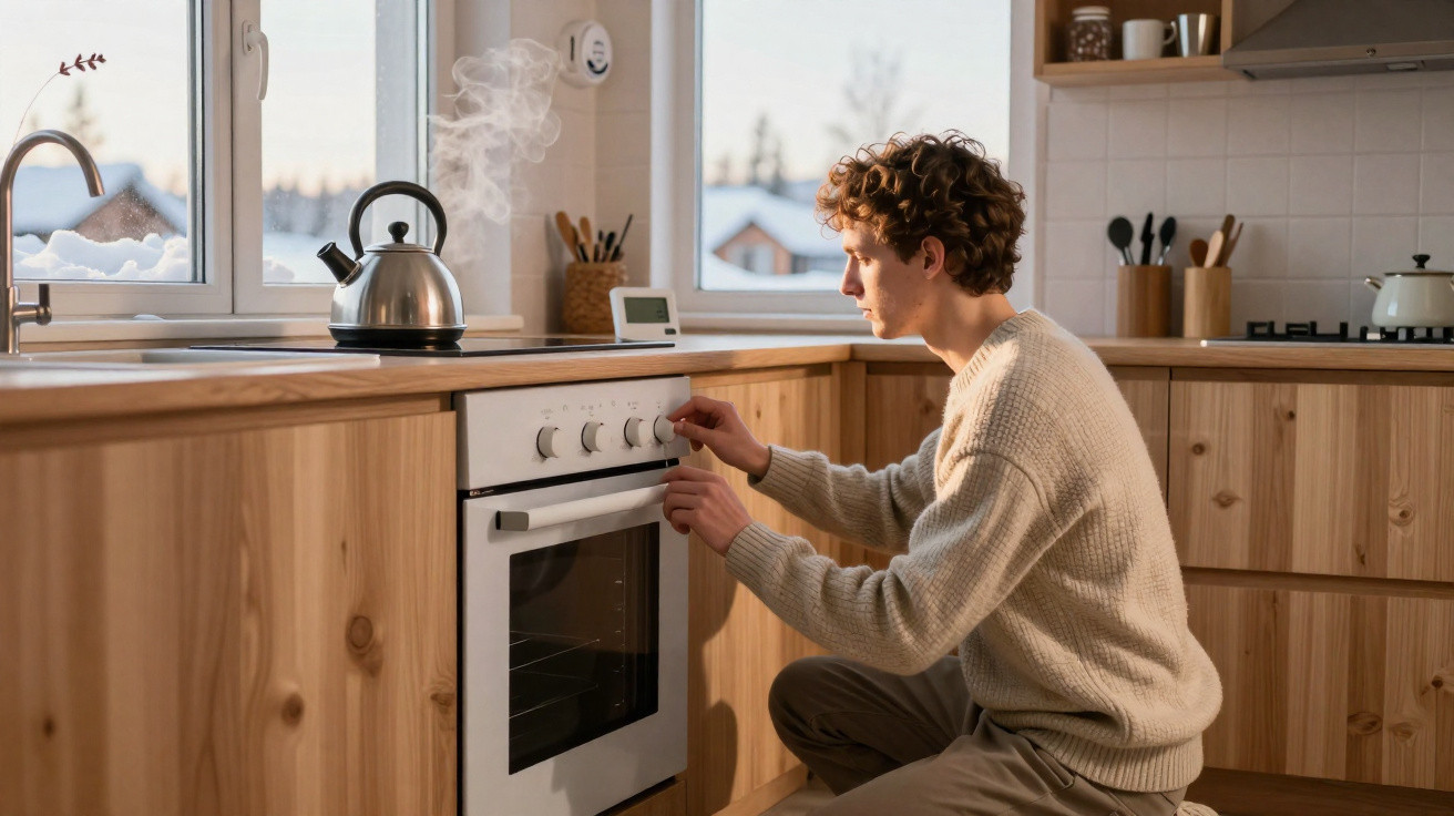 Homem ajusta forno em cozinha de madeira com chaleira a vapor próxima da janela.