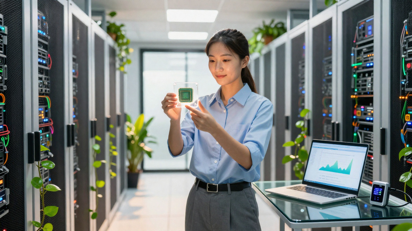 Mulher segura chip de computador em sala de servidores com laptop e plantas ao redor.