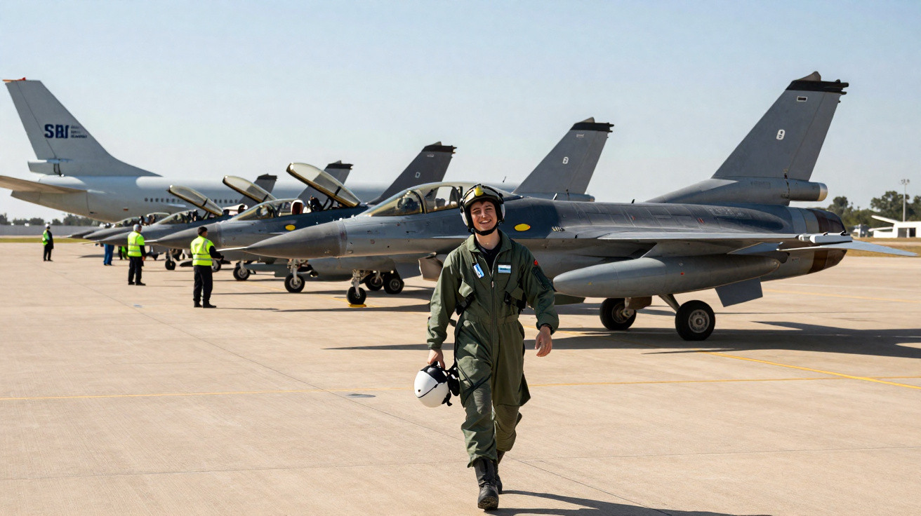 Piloto militar caminhando em pista ao lado de aviões de caça alinhados sob céu claro.