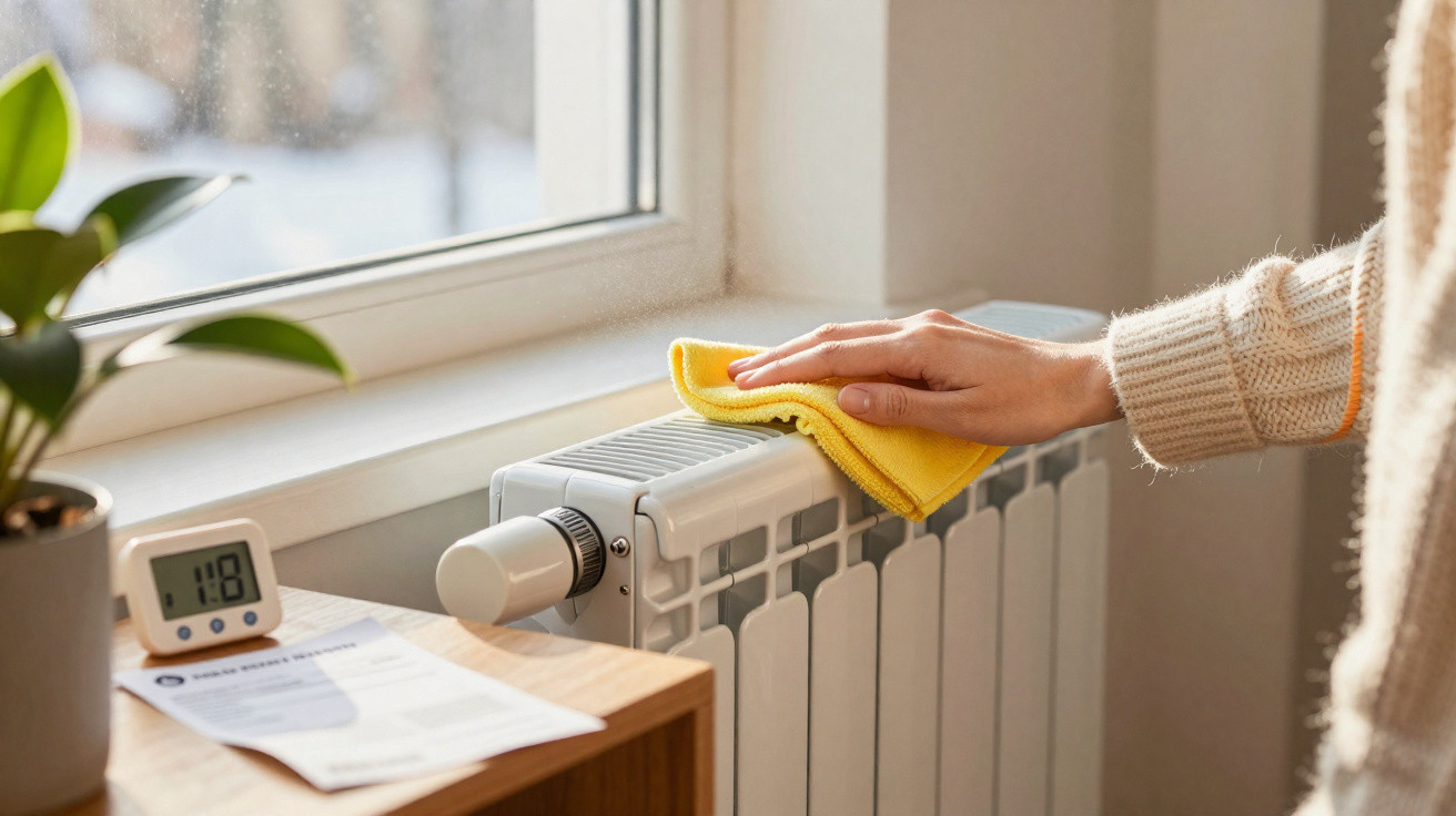 Pessoa limpando radiador branco com pano amarelo próximo à janela durante o dia.
